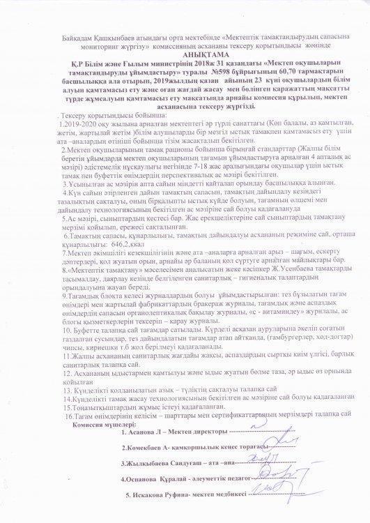 Мектеп асханасында  берілетін ыстық тамақ сапасының мониторингі