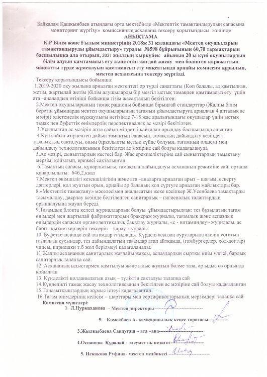 Мектептегі бір мезгі ыстық тамақтың мониторингісі.