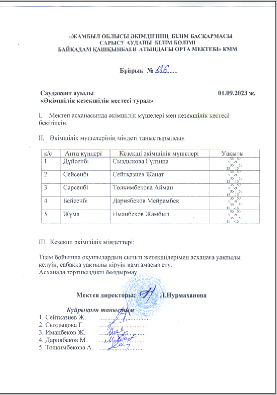 Әкімшілік  кезекшілік  кестесі  туралы бұйрық.